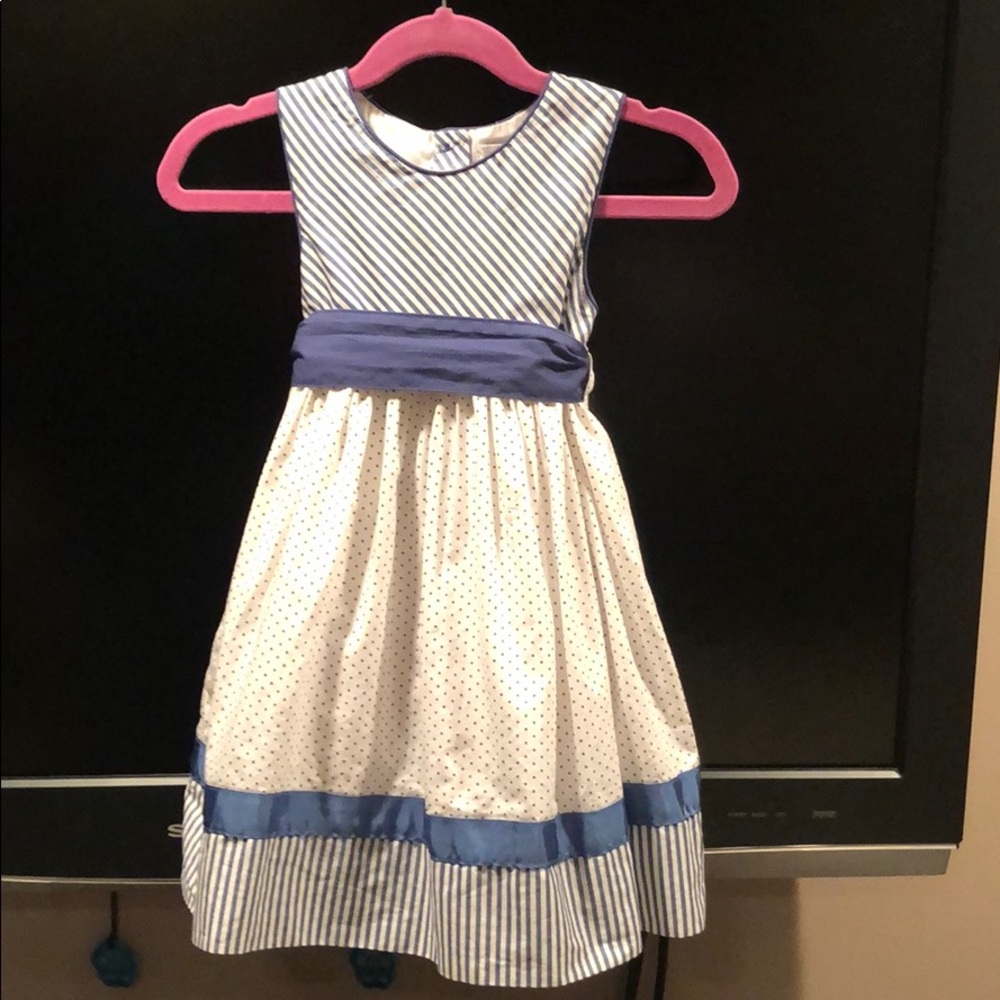 Navy and white dress, stripes and polka dot